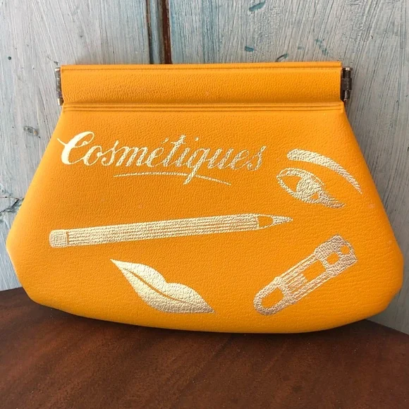 Vintage 1950’s “cosmetiques” mustard pouch for purse w/silver script & pictures - Picture 1 of 11
